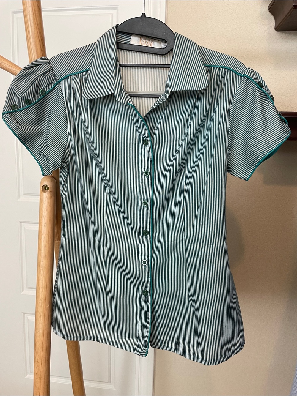 Striped Short-Sleeve Button-Up Top in Teal